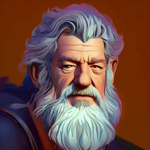 Prompt: Portrait of Ian McKellen as Zeus, the greek god, mattepainting concept Blizzard pixar maya engine on stylized background splash comics global illumination lighting artstation lois van baarle, ilya kuvshinov, rossdraws