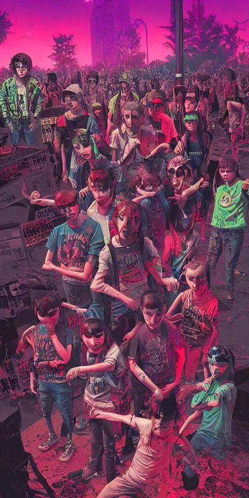 Image similar to young punk rockers fighting against zombies at the playground, by baseball bat in the retro wave stranger things style, neon colors, hyper detailed, digital art, cinematic lighting, concept art by artgerm and greg rutkowski and caravaggio and moebius and jakub rebelka