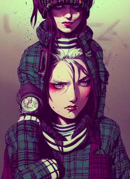 Image similar to highly detailed portrait of a sewer punk lady, tartan hoody, blonde ringlet hair by atey ghailan, by greg rutkowski, by greg tocchini, by james gilleard, by joe fenton, by kaethe butcher, gradient magenta, black, blonde cream and white color scheme, grunge aesthetic!!! ( ( graffiti tag wall background ) )