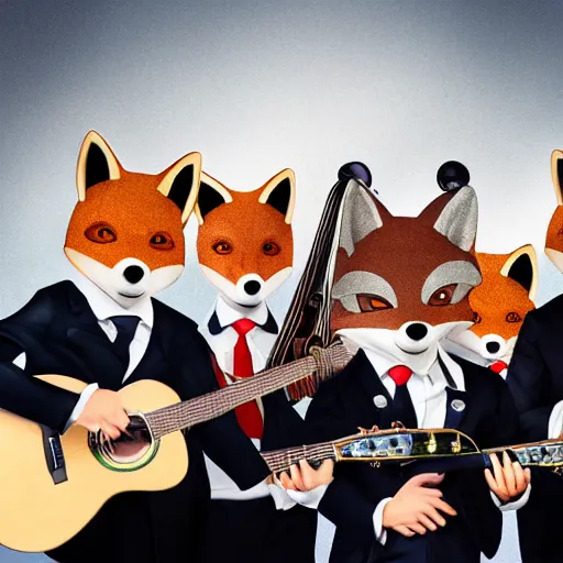 Prompt: photorealistic music album cover, with anthropomorphic foxes animals dressed in suits, holding guitars, on a beach, all looking at camera, studio lighting, award winning photograph, 8 5 mm f / 1. 4