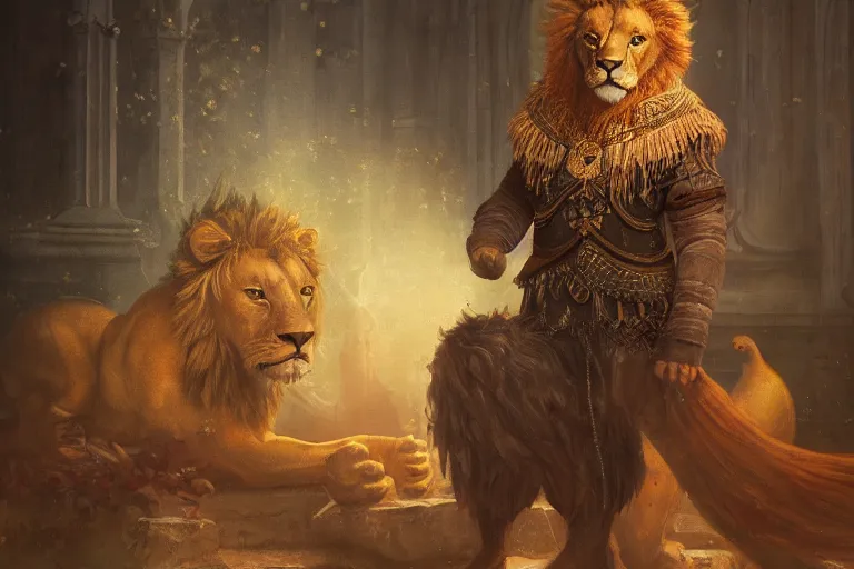 Prompt: An antropomorphic lion dressed as king in a Gothic atelier, oil painting, detailed, colorful, 4k, dimly lit, in the style of Yanjung Chen and Tom Bagshaw
