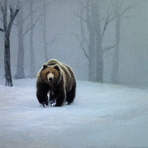 Prompt: grizzly bear in a snow storm, impressionism, artstation