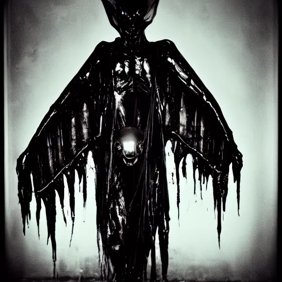 Image similar to a dark artistic photo of an alien creature with crazy wings, liminal eerie midnight backlit, big budget horror, a polaroid photo, bleeding decaying colors!