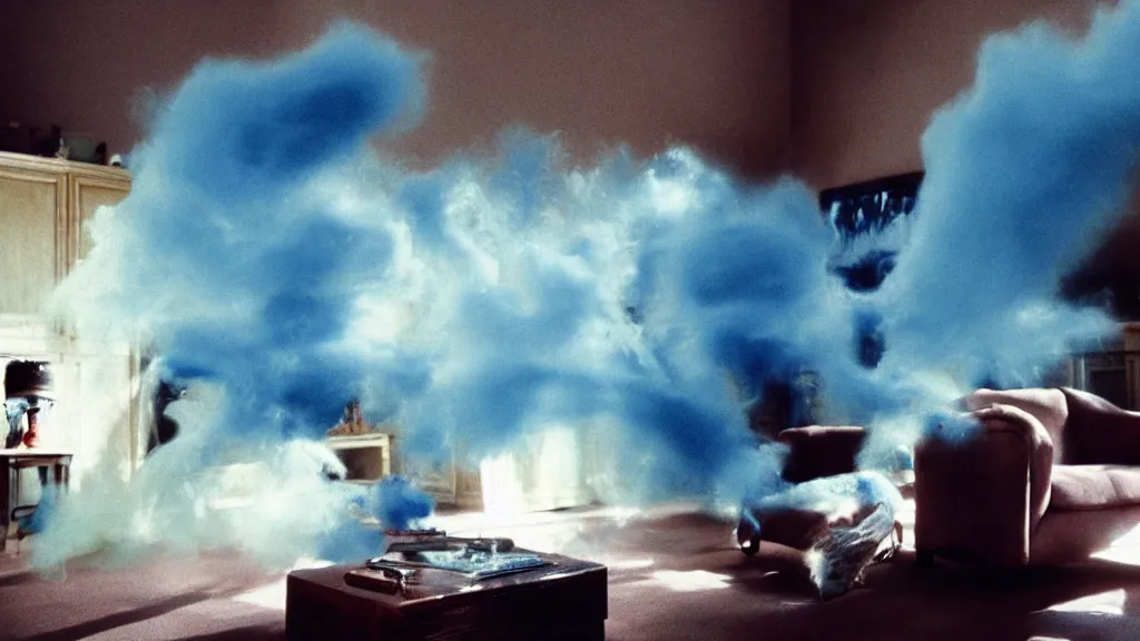 Image similar to colored powder explosion in the living room, film still from the movie directed by Denis Villeneuve with art direction by Salvador Dalí, wide lens