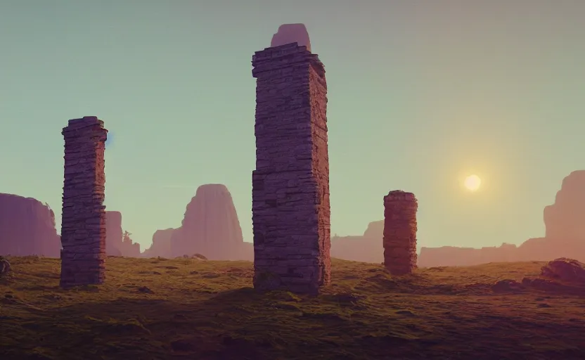 Image similar to A landscape with a giant stone brick tower with pillars on top at sunset, Low level, rendered by Beeple, Makoto Shinkai, syd meade, simon stålenhag, environment concept, synthwave style, digital art, unreal engine, WLOP, trending on artstation, 4K UHD image, octane render,