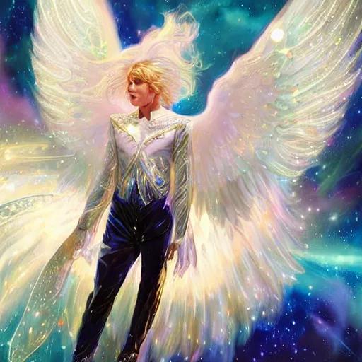 Image similar to harmony of twirly white haired angel yoongi wearing sparkly shiny greek clothes, muted colors, nebula background, neon sparkles everywhere, big wings, dynamic hair movement, + + + + dynamic pose, holographic space, glowing effect, j. c leyendecker, by alan lee, wlop! illustrated by starember, fantasy art by craig mullins