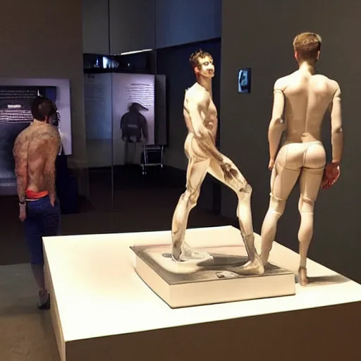 Image similar to “a realistic detailed photo of a guy who is an attractive humanoid who is half robot and half humanoid, who is a male android, British diver Jack Laugher & Chris Mears, shiny skin, posing like a statue, blank stare, at the museum, on display”