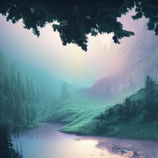 Image similar to an alpine lake, ornate, beautiful, atmosphere, vibe, mist, rainbow, wet, puddles, fern, flowers, concept art illustration, color page, tone mapping, akihiko yoshida, james jean, andrei riabovitchev, marc simonetti, digital illustration, greg rutowski, volumetric lighting, sunbeams, particles