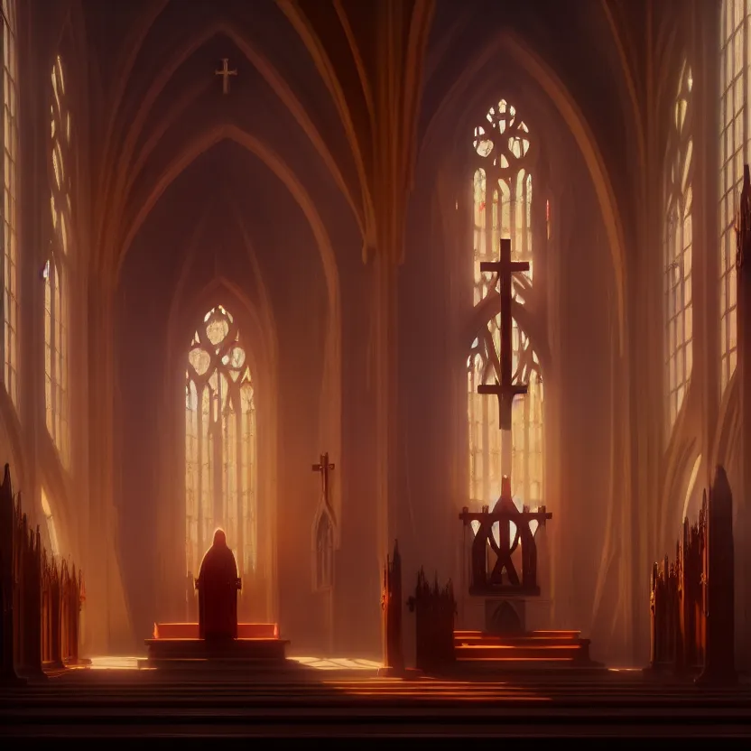 Prompt: curch with altar in glory light, digital painting, greg rutkowski, artstation, cinematic, matte painting