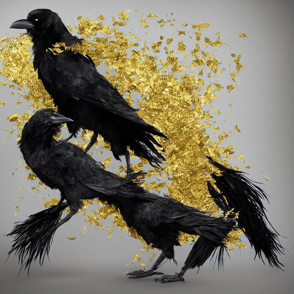 Prompt: Raven with feathers made of gold leaf, white background, octane render, dramatic action shot