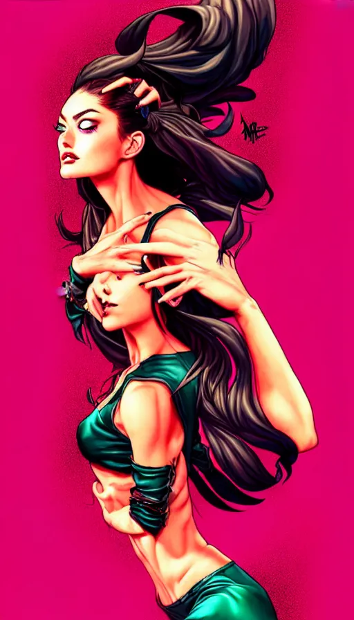 Image similar to in the style of artgerm, girl drinks monster energy, phoebe tonkin, hair blowing, full body, intricate filagree, no hands showing, warm colors, cool offset colors