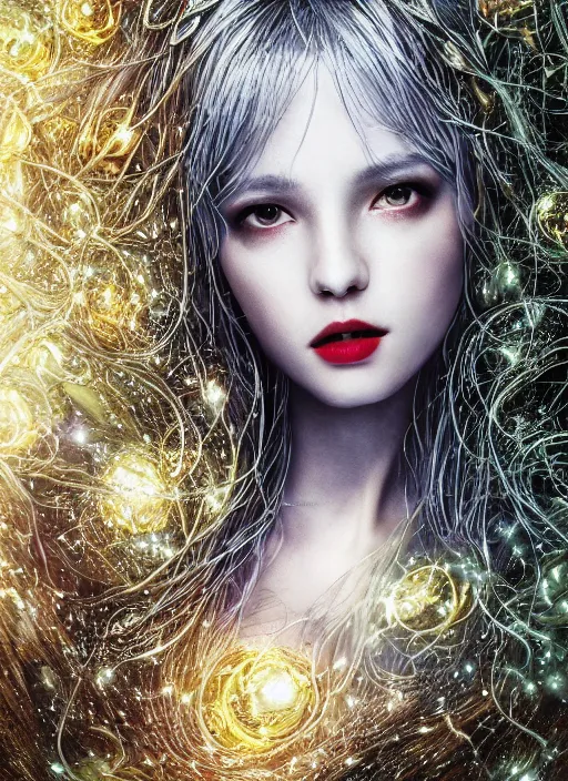 Image similar to glowing silver and golden elements, full close-up portrait, dark witch from freepik, book cover, green forest, white moon, red lips, establishing shot, extremly high detail, photo-realistic, cinematic lighting, pen and ink, intricate line drawings, by Yoshitaka Amano, Ruan Jia, Kentaro Miura, Artgerm, post processed, concept art, artstation, matte painting, style by eddie mendoza, raphael lacoste, alex ross