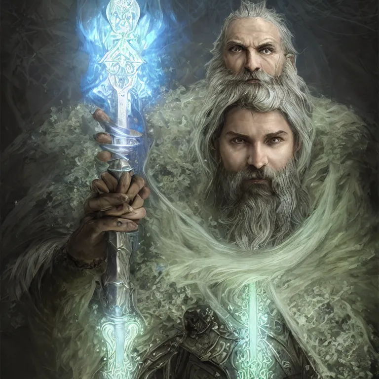 Prompt: Portrait of an Aasimar Paladin-Druid with glowing blue eyes, pale grey skin, silver full beard, and silver hair. He has a sword and wears green armor covered in moss. Epic fantasy art, award winning on Artstation, intricate, highly detailed, dramatic lighting, illustration, concept art, art by artgerm and greg rutkowski and alphonse mucha and ross tran, D&D, Dungeons and Dragons, Magic the Gathering.