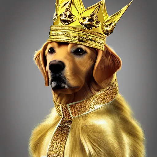 Image similar to Photomanipulation of golden retriver king , is dressed as a king, ultrarealism, photorealism, detailed, crown and gown