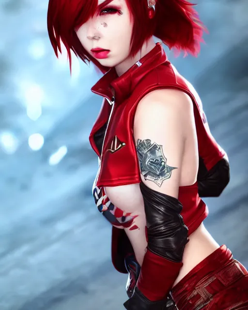 Image similar to a girl with short red hair, cool, vi from arcane, league of legends, fighter, cool red jacket, tattoo, beautiful, 3 d, potrait, art staion, studio light, closeup shot, octane render, wlop