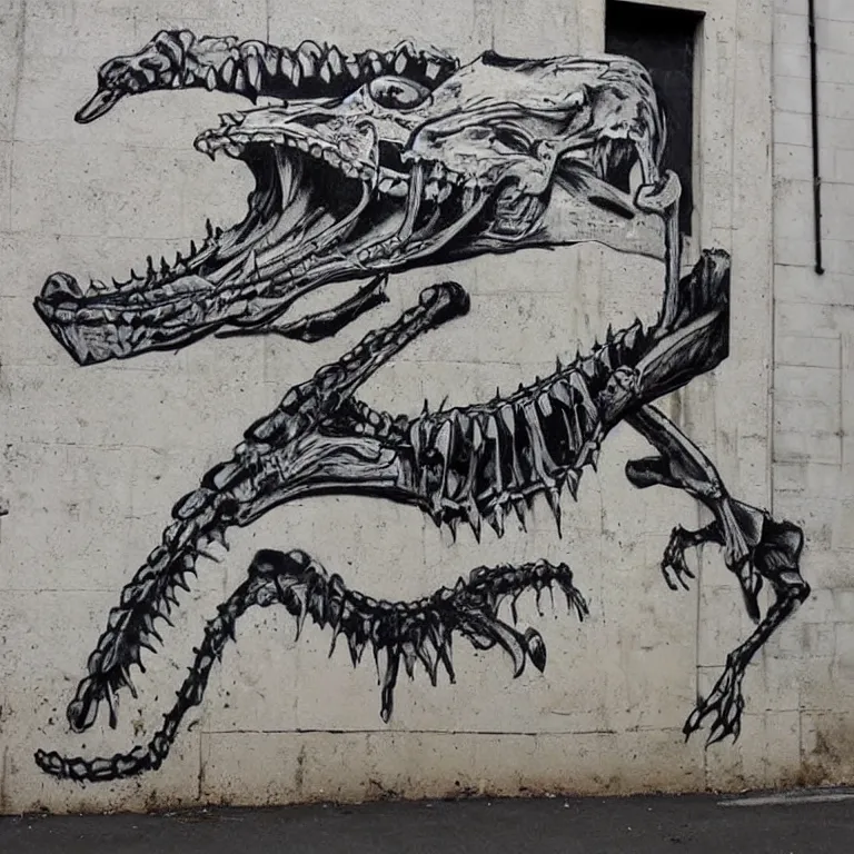 Image similar to Street-art painting of crocodile skeleton in style of Banksy, comic character, cute skeleton, cartoon style, photorealism