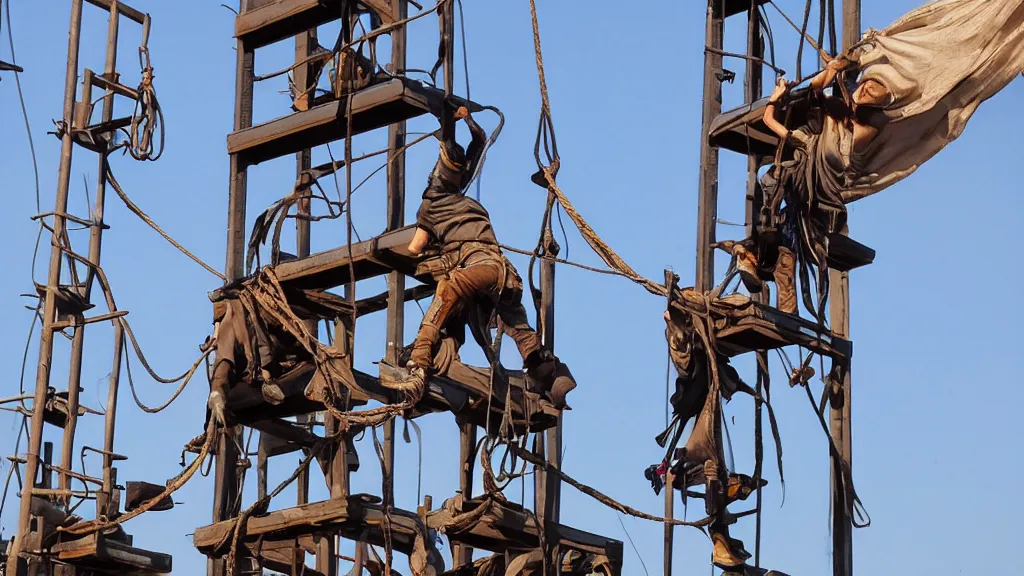 Prompt: hooded thieves use ropes to climb tall metal towers in a steampunk city