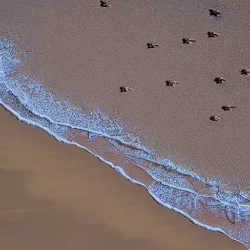 Image similar to empty shore with the sun in the sand. Blue vultures circling the sun. hyper realistic. high definition 8K. beautiful. colorful