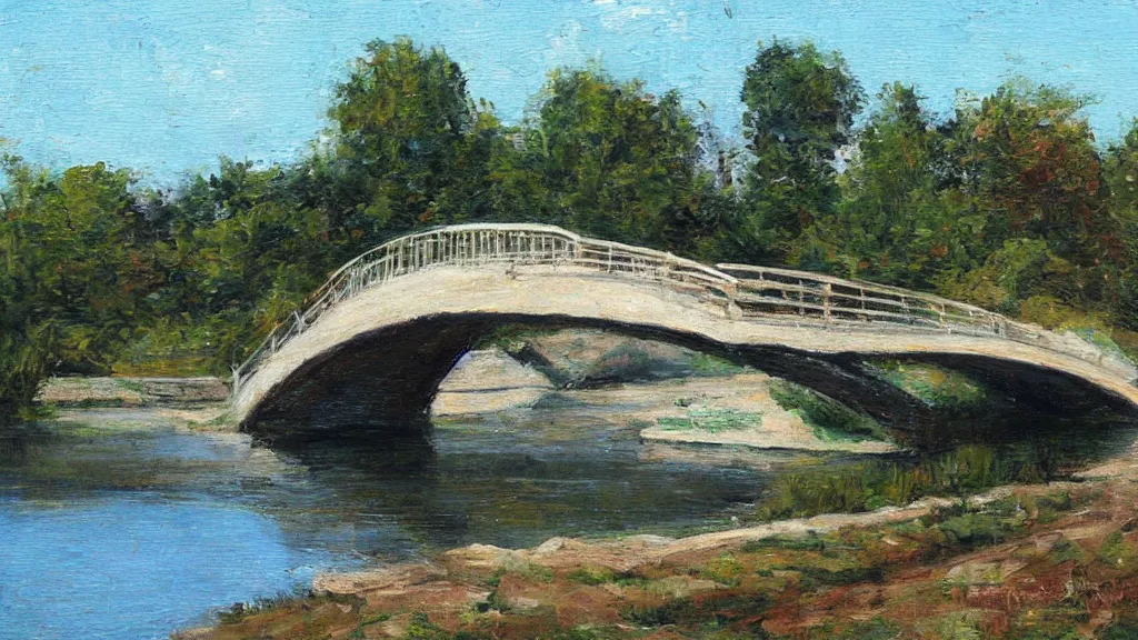 Prompt: a bridge over a river pointille artwork