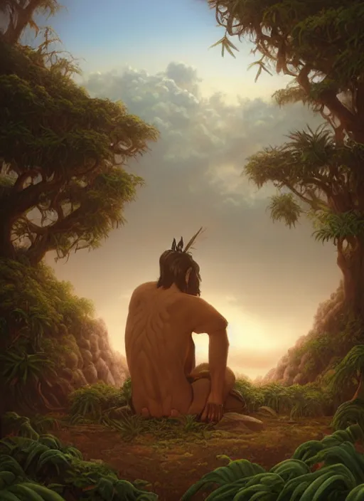 Prompt: an indigenous man sitting and praying in the jungle, while old faces of his ancestors watch over him in the clouds, art by christophe vacher