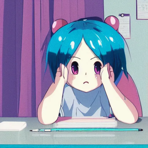 Image similar to high definition anime portrait of a pastel blue haired anime girl sitting at a desk studying with headphones on, background is a window looking out into a busy Tokyo district, lo-fi art, by Studio Ghibli, trending on artstation, sharp high quality anime, digital art, photoshop, proportionate, ambient lighting