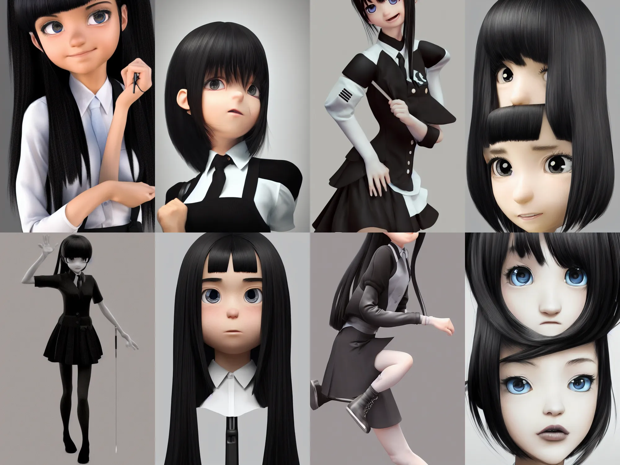 Prompt: Pixar 3D render of hyperrealistic schoolgirl, in black uniform, black silky hair, very detailed black stunning deep eyes. By ilya kuvshinov, krenz cushart, Greg Rutkowski, trending on artstation. Realistic materials, large highlights, amazing textured brush strokes, accurate shape, clear curvy details, cinematic soft volumetric studio lighting, with backlight, VFX, HDR