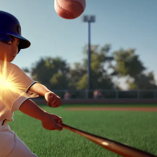 Image similar to a boy hitting a homerun in a baseball game on an idyllic beautiful summer day. Close up. Asian boy with black hair and green eyes. Lens flare. Golden hour. Craig Mullins. Ruan Jia Makoto shinkai.