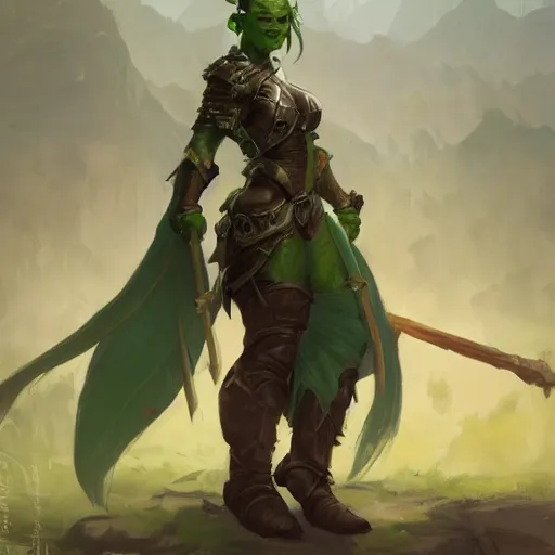 Image similar to a full bodied character portrait of a green orc warrior woman in full plate armor bald with a ponytail, by greg rutkowski, wlop, astri lohne, wei wang, trending on artstation