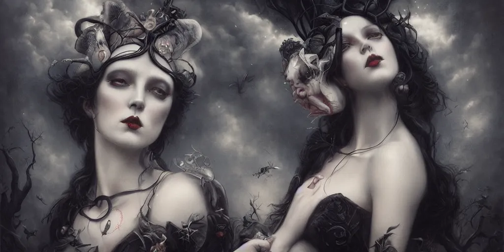 Prompt: By Tom Bagshaw, ultra realist soft painting of curiosities carnival by night, very beautiful horn sleeping female gothic wearing corset, partial symmetry features, very intricate details, omnious sky, black and white, volumetric light clouds