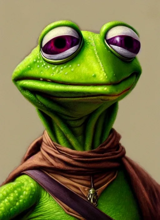 Prompt: Portrait of Kermit the frog, D&D, fantasy, intricate, elegant, highly detailed, digital painting, artstation, concept art, smooth, sharp focus, illustration, art by artgerm and greg rutkowski and alphonse mucha