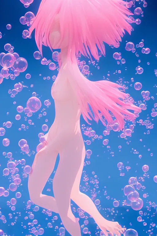 Prompt: 3D CG anime Land of the Lustrous Houseki no Kuni character Ventricosus translucent very pink jelly woman with thick chest bubbles and pink transparent dress frills floating at the bottom of the ocean near the surface, sun rays shine through the water, beautiful composition, 3D render, cel shaded, 8k, key visual, made by Haruko Ichikawa, Makoto Shinkai, studio Ghibli, Kyoto Animation