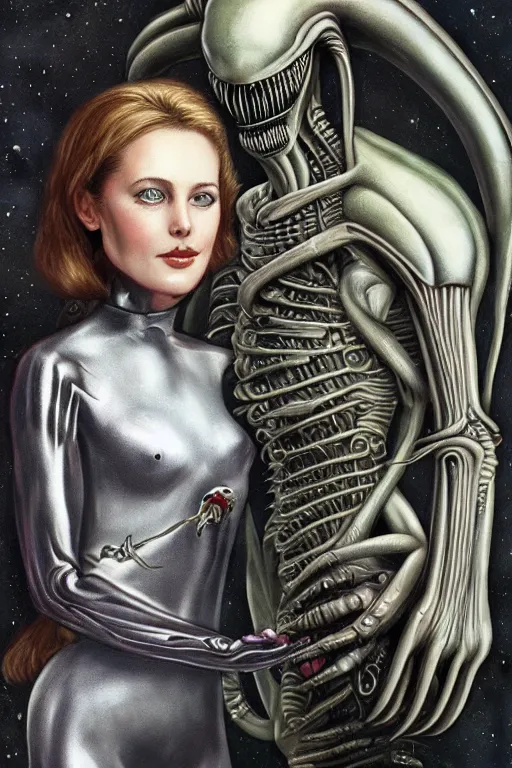 Image similar to beautiful young gillian andersom with alien xenomorph queen by h.r. giger, detailed, proportional, trending on art station, 4k