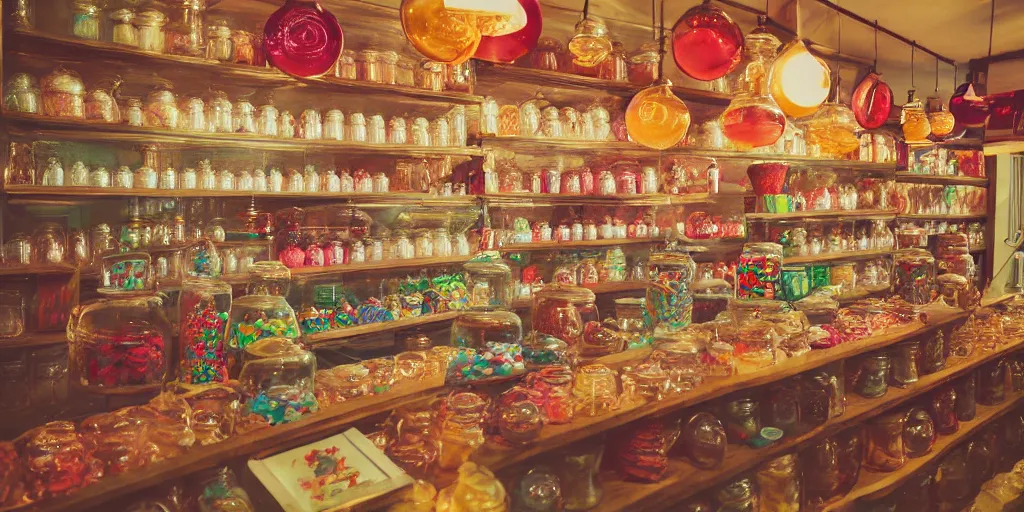 Image similar to Inside an old fashioned sweet shop, large jars on shelves, beautiful labels, fantasy vendor interior, wide angle, cinematic, highly detailed, photorealistic, rich bright colors, trending on artstation, trending on cgsociety