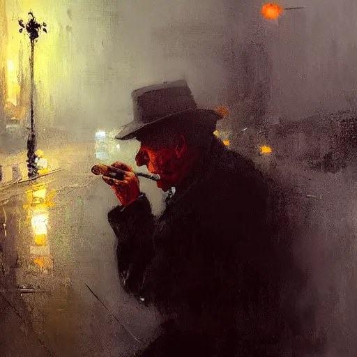 Image similar to lonely old man smoking a cigar, rainy night, painting by jeremy mann