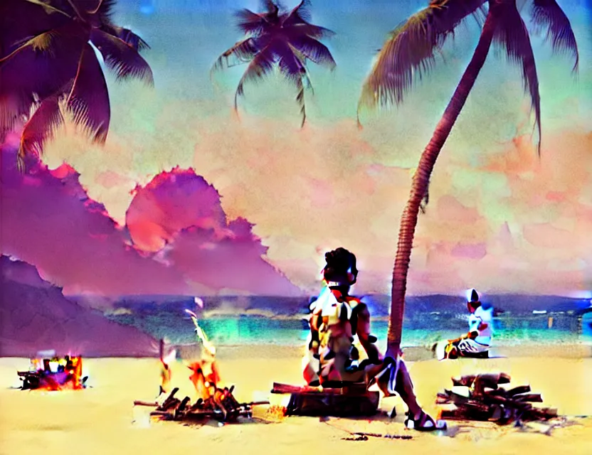 Prompt: gandhi at the beach sitting on the sand next to a campfire with palm trees in the back, artwork by tooth wu and wlop and beeple and greg rutkowski, ilya kuvshinov katsuhiro villeneuve, jeremy lipkin and michael garmash and rob rey, by tristan eaton, stanley artgermm, tom bagshaw, carne griffiths