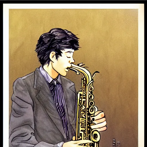 Prompt: saxophone player in a jazz cafe in tokyo by bernie wrightson