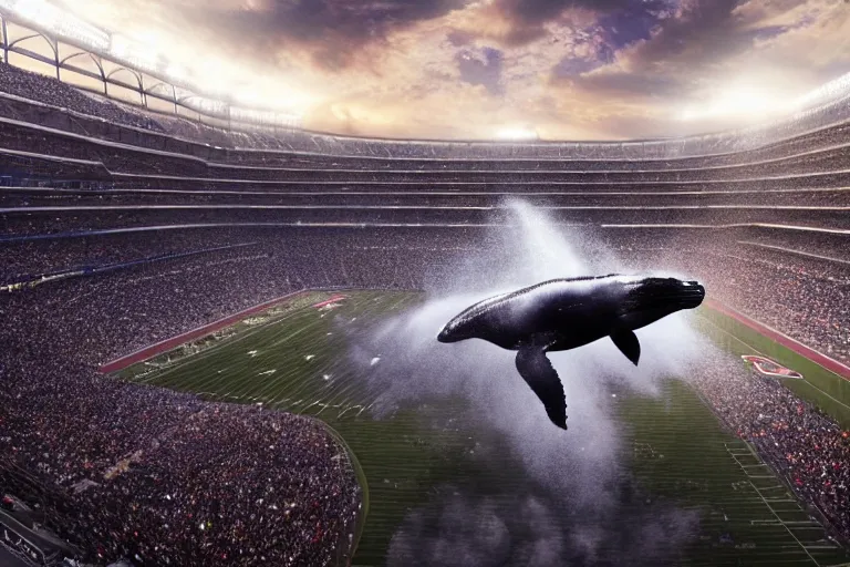 Image similar to a humpback whale flying over the NFL Super Bowl Stadium cinematic lighting by Jessica Rossier