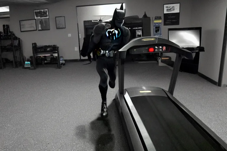 Image similar to batman on a treadmill caught on trail cam