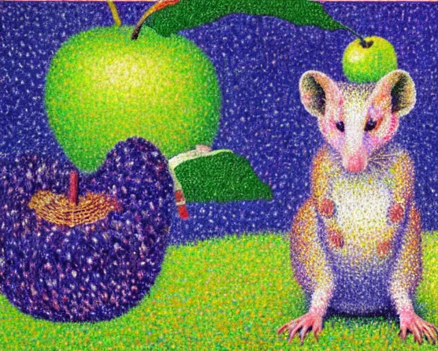 Prompt: pointillism painting of a virginia opossum wearing a green apple on its head, by paul signac, by georges seurat, by albert dubois - pillet