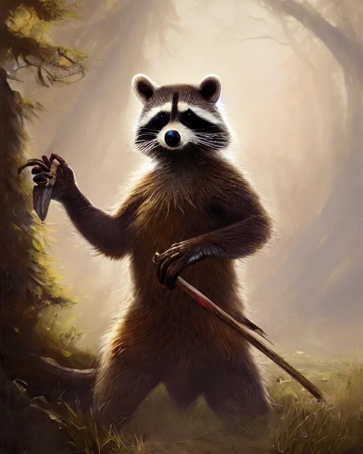 Prompt: oil painting of Anthropomorphized Racoon, holding bow, wearing hunter coat, proud look, full body, sharp focus, fantasy style, octane render, volumetric lighting, 8k high definition, by greg rutkowski, highly detailed, trending on art Station, magic the gathering artwork, woodland backround