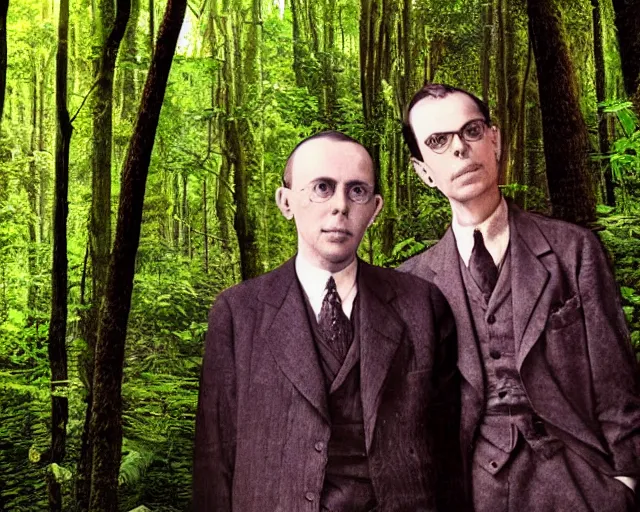 Image similar to close - up of edgar cayce and aldous huxley in a forest, epic colorful hyper detailed award winning photography