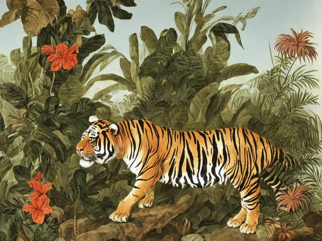 Image similar to muscular tiger, tropical plants in background, botanical, large exotic flowers, biology, painted by john audubon