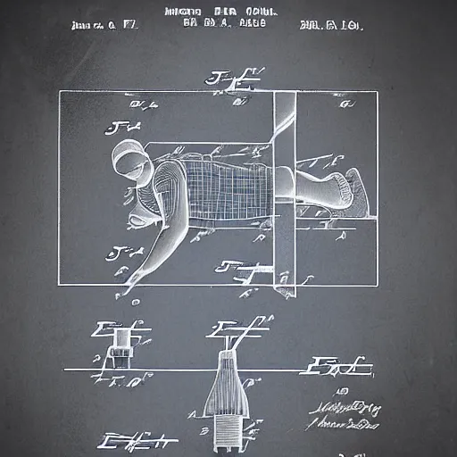 Image similar to patent drawing of a sleeping man in a nightcap with lots of labels. technical drawing. mathematical.