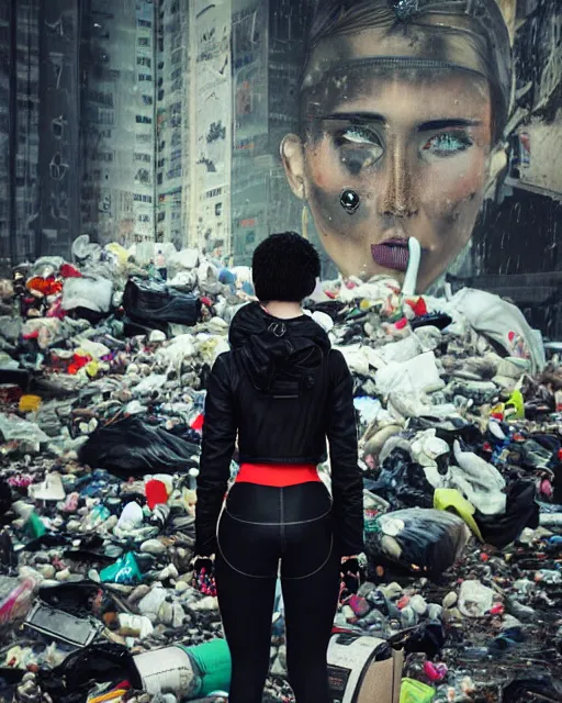 Prompt: detailed portrait guard girl with very short hair seen from the back, cyberpunk futuristic, reflective puffer jacket, black leggings, decorated with traditional ornaments in front of a dystopian crowd with piles of garbage perfect face, fine details, realistic shaded, fine - face, pretty face