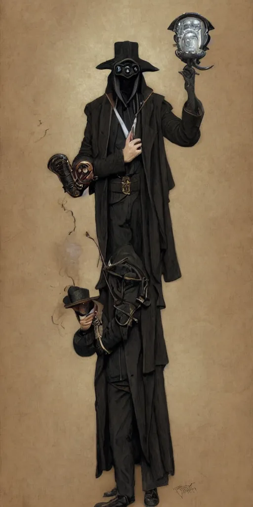 Image similar to portrait of man in black trench coat, wearing a steam punk plague doctor mask and a black top hat, a small wooden flute is held in his right hand. highly detailed, artstation, concept art, by krenz cushart and donato giancola and william adolph bouguereau and alphonse mucha,