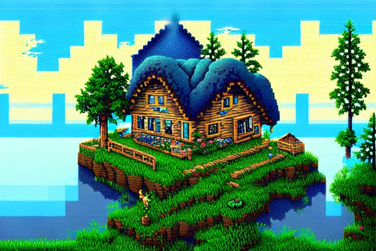 Image similar to view of a cottage above an azure lake, beautiful detailed pixelart by albertov, intricate details, beautiful, dithered gradients, volumetric lighting, cgsociety, artstation, 2 d