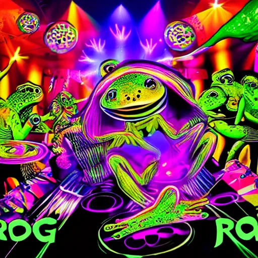 Image similar to frog rave, large bullfrog DJ, lots of frogs dancing on drugs, psychedelic, bright lights, loud music, intense club, cartoon