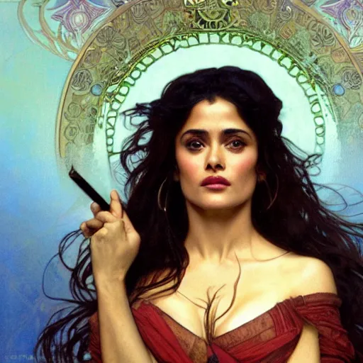 Prompt: salma hayek medium shot portrait by alphonse mucha, playful, fantasy, medieval, beautiful face, perfect detailed eyes, vivid colrs, elegant, sharp focus, hyper - realistic, 4 k, unreal engine, highly detailed, hd, dramatic lighting by brom, trending on artstation