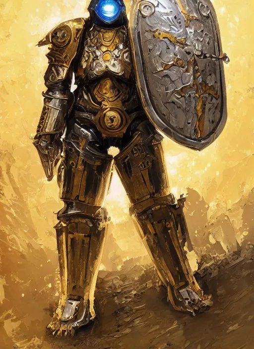 Image similar to dynamic portrait of a intricate glorious holy mechanical warforged character in yellow armor holding a paladin engraved great longsword and carrying a big paladin shield, spotlight from face , epic , trending on ArtStation, masterpiece, cinematic lighting, by John Salminen and by Jackson Pollock and by Marc Simonetti