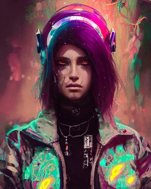 Image similar to detailed portrait Young Gangster Girl cyberpunk futuristic ((neon)) tattoes, styled hair Reflective thin sheen film jacket, decorated traditional ornaments by ismail inceoglu dragan bibin hans thoma greg rutkowski Alexandros Pyromallis Nekro Alphonse Mucha Zac Retz illustrated Perfect face, fine details, realistic shaded, fine-face, pretty face